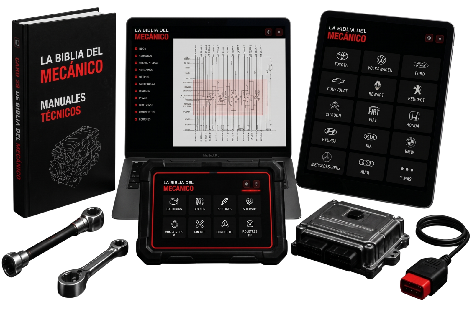 Libro, tablet y herramientas